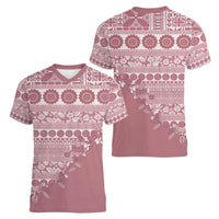 Fiji Marau na Kerisimasi Women V-Neck T-Shirt Dusty Rose Tagimoucia Tapa Masi Tribal LT9 - Polynesian Pride