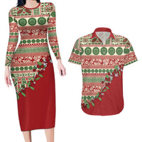 Fiji Marau na Kerisimasi Couples Matching Long Sleeve Bodycon Dress and Hawaiian Shirt Red Tagimoucia Tapa Masi Tribal - Polynesian Pride