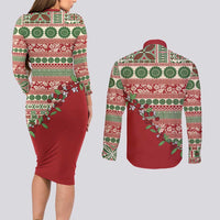 Fiji Marau na Kerisimasi Couples Matching Long Sleeve Bodycon Dress and Long Sleeve Button Shirt Red Tagimoucia Tapa Masi Tribal - Polynesian Pride