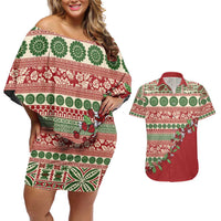 Fiji Marau na Kerisimasi Couples Matching Off Shoulder Short Dress and Hawaiian Shirt Red Tagimoucia Tapa Masi Tribal LT9 Red - Polynesian Pride