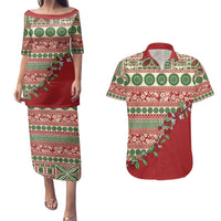 Fiji Marau na Kerisimasi Couples Matching Puletasi and Hawaiian Shirt Red Tagimoucia Tapa Masi Tribal LT9 Red - Polynesian Pride