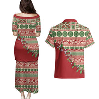 Fiji Marau na Kerisimasi Couples Matching Puletasi and Hawaiian Shirt Red Tagimoucia Tapa Masi Tribal LT9 - Polynesian Pride