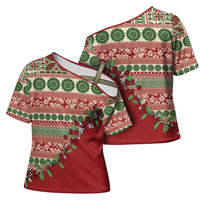 Fiji Marau na Kerisimasi Cross Shoulder Shirt Red Tagimoucia Tapa Masi Tribal - Polynesian Pride