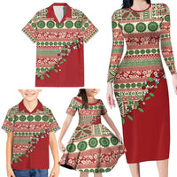 Fiji Marau na Kerisimasi Family Matching Long Sleeve Bodycon Dress and Hawaiian Shirt Red Tagimoucia Tapa Masi Tribal - Polynesian Pride