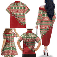 Fiji Marau na Kerisimasi Family Matching Off The Shoulder Long Sleeve Dress and Hawaiian Shirt Red Tagimoucia Tapa Masi Tribal LT9 - Polynesian Pride
