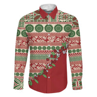 Fiji Marau na Kerisimasi Family Matching Off The Shoulder Long Sleeve Dress and Hawaiian Shirt Red Tagimoucia Tapa Masi Tribal LT9 Dad's Shirt - Long Sleeve Red - Polynesian Pride