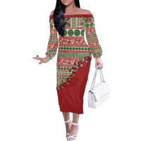 Fiji Marau na Kerisimasi Family Matching Off The Shoulder Long Sleeve Dress and Hawaiian Shirt Red Tagimoucia Tapa Masi Tribal - Polynesian Pride