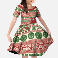 Fiji Marau na Kerisimasi Family Matching Off Shoulder Maxi Dress and Hawaiian Shirt Red Tagimoucia Tapa Masi Tribal LT9 Daughter's Dress Red - Polynesian Pride