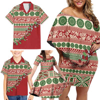 Fiji Marau na Kerisimasi Family Matching Off Shoulder Short Dress and Hawaiian Shirt Red Tagimoucia Tapa Masi Tribal LT9 - Polynesian Pride
