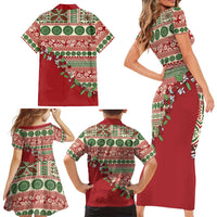 Fiji Marau na Kerisimasi Family Matching Short Sleeve Bodycon Dress and Hawaiian Shirt Red Tagimoucia Tapa Masi Tribal LT9 - Polynesian Pride