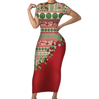 Fiji Marau na Kerisimasi Short Sleeve Bodycon Dress Red Tagimoucia Tapa Masi Tribal - Polynesian Pride