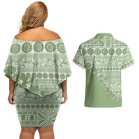 Fiji Marau na Kerisimasi Couples Matching Off Shoulder Short Dress and Hawaiian Shirt Sage Green Tagimoucia Tapa Masi Tribal LT9 - Polynesian Pride