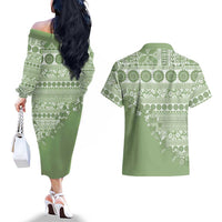 Fiji Marau na Kerisimasi Couples Matching Off The Shoulder Long Sleeve Dress and Hawaiian Shirt Sage Green Tagimoucia Tapa Masi Tribal LT9 - Polynesian Pride