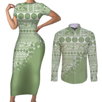 Fiji Marau na Kerisimasi Couples Matching Short Sleeve Bodycon Dress and Long Sleeve Button Shirt Sage Green Tagimoucia Tapa Masi Tribal LT9 Green - Polynesian Pride