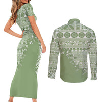 Fiji Marau na Kerisimasi Couples Matching Short Sleeve Bodycon Dress and Long Sleeve Button Shirt Sage Green Tagimoucia Tapa Masi Tribal LT9 - Polynesian Pride
