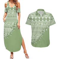 Fiji Marau na Kerisimasi Couples Matching Summer Maxi Dress and Hawaiian Shirt Sage Green Tagimoucia Tapa Masi Tribal - Polynesian Pride