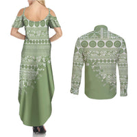 Fiji Marau na Kerisimasi Couples Matching Summer Maxi Dress and Long Sleeve Button Shirt Sage Green Tagimoucia Tapa Masi Tribal LT9 - Polynesian Pride