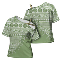 Fiji Marau na Kerisimasi Cross Shoulder Shirt Sage Green Tagimoucia Tapa Masi Tribal LT9 - Polynesian Pride