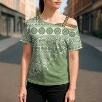 Fiji Marau na Kerisimasi Cross Shoulder Shirt Sage Green Tagimoucia Tapa Masi Tribal LT9 - Polynesian Pride
