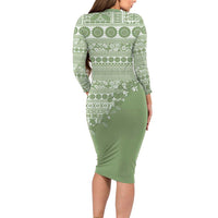 Fiji Marau na Kerisimasi Family Matching Long Sleeve Bodycon Dress and Hawaiian Shirt Sage Green Tagimoucia Tapa Masi Tribal LT9 - Polynesian Pride