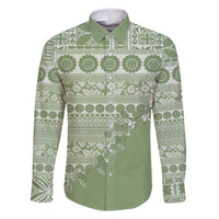 Fiji Marau na Kerisimasi Family Matching Mermaid Dress and Hawaiian Shirt Sage Green Tagimoucia Tapa Masi Tribal LT9 Dad's Shirt - Long Sleeve Green - Polynesian Pride