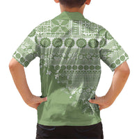 Fiji Marau na Kerisimasi Family Matching Off The Shoulder Long Sleeve Dress and Hawaiian Shirt Sage Green Tagimoucia Tapa Masi Tribal LT9 - Polynesian Pride