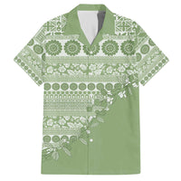 Fiji Marau na Kerisimasi Family Matching Off The Shoulder Long Sleeve Dress and Hawaiian Shirt Sage Green Tagimoucia Tapa Masi Tribal - Polynesian Pride