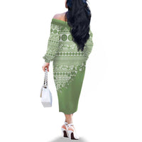 Fiji Marau na Kerisimasi Family Matching Off The Shoulder Long Sleeve Dress and Hawaiian Shirt Sage Green Tagimoucia Tapa Masi Tribal LT9 - Polynesian Pride