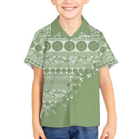 Fiji Marau na Kerisimasi Family Matching Off The Shoulder Long Sleeve Dress and Hawaiian Shirt Sage Green Tagimoucia Tapa Masi Tribal - Polynesian Pride