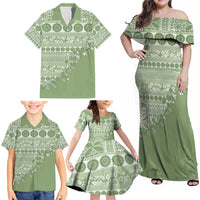 Fiji Marau na Kerisimasi Family Matching Off Shoulder Maxi Dress and Hawaiian Shirt Sage Green Tagimoucia Tapa Masi Tribal - Polynesian Pride