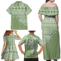 Fiji Marau na Kerisimasi Family Matching Off Shoulder Maxi Dress and Hawaiian Shirt Sage Green Tagimoucia Tapa Masi Tribal - Polynesian Pride