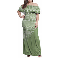 Fiji Marau na Kerisimasi Family Matching Off Shoulder Maxi Dress and Hawaiian Shirt Sage Green Tagimoucia Tapa Masi Tribal LT9 Mom's Dress Green - Polynesian Pride
