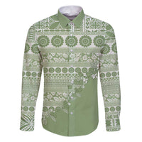 Fiji Marau na Kerisimasi Family Matching Puletasi and Hawaiian Shirt Sage Green Tagimoucia Tapa Masi Tribal LT9 Dad's Shirt - Long Sleeve Green - Polynesian Pride