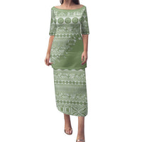 Fiji Marau na Kerisimasi Family Matching Puletasi and Hawaiian Shirt Sage Green Tagimoucia Tapa Masi Tribal LT9 Mom's Dress Green - Polynesian Pride