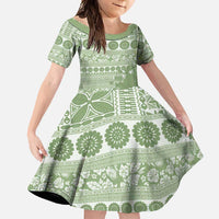 Fiji Marau na Kerisimasi Family Matching Short Sleeve Bodycon Dress and Hawaiian Shirt Sage Green Tagimoucia Tapa Masi Tribal LT9 Daughter's Dress Green - Polynesian Pride