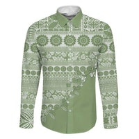Fiji Marau na Kerisimasi Family Matching Tank Maxi Dress and Hawaiian Shirt Sage Green Tagimoucia Tapa Masi Tribal LT9 Dad's Shirt - Long Sleeve Green - Polynesian Pride