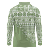 Fiji Marau na Kerisimasi Long Sleeve Polo Shirt Sage Green Tagimoucia Tapa Masi Tribal - Polynesian Pride