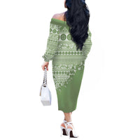 Fiji Marau na Kerisimasi Off The Shoulder Long Sleeve Dress Sage Green Tagimoucia Tapa Masi Tribal - Polynesian Pride