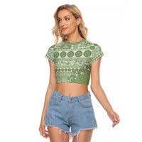 Fiji Marau na Kerisimasi Raglan Cropped T Shirt Sage Green Tagimoucia Tapa Masi Tribal LT9 Female Green - Polynesian Pride
