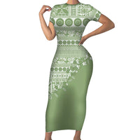 Fiji Marau na Kerisimasi Short Sleeve Bodycon Dress Sage Green Tagimoucia Tapa Masi Tribal LT9 Long Dress Green - Polynesian Pride