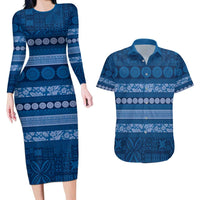Fiji Marau na Kerisimasi Couples Matching Long Sleeve Bodycon Dress and Hawaiian Shirt Blue Tapa Masi Inspired Christmas LT9 Blue - Polynesian Pride