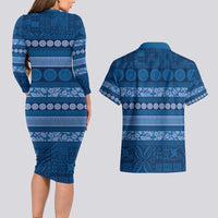 Fiji Marau na Kerisimasi Couples Matching Long Sleeve Bodycon Dress and Hawaiian Shirt Blue Tapa Masi Inspired Christmas - Polynesian Pride
