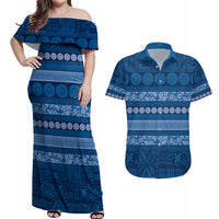 Fiji Marau na Kerisimasi Couples Matching Off Shoulder Maxi Dress and Hawaiian Shirt Blue Tapa Masi Inspired Christmas - Polynesian Pride