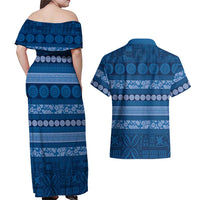 Fiji Marau na Kerisimasi Couples Matching Off Shoulder Maxi Dress and Hawaiian Shirt Blue Tapa Masi Inspired Christmas LT9 - Polynesian Pride