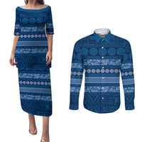 Fiji Marau na Kerisimasi Couples Matching Puletasi and Long Sleeve Button Shirt Blue Tapa Masi Inspired Christmas - Polynesian Pride