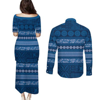 Fiji Marau na Kerisimasi Couples Matching Puletasi and Long Sleeve Button Shirt Blue Tapa Masi Inspired Christmas - Polynesian Pride