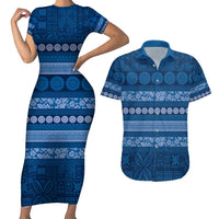 Fiji Marau na Kerisimasi Couples Matching Short Sleeve Bodycon Dress and Hawaiian Shirt Blue Tapa Masi Inspired Christmas LT9 Blue - Polynesian Pride