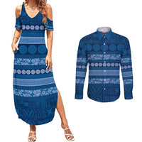 Fiji Marau na Kerisimasi Couples Matching Summer Maxi Dress and Long Sleeve Button Shirt Blue Tapa Masi Inspired Christmas LT9 Blue - Polynesian Pride