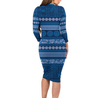 Fiji Marau na Kerisimasi Family Matching Long Sleeve Bodycon Dress and Hawaiian Shirt Blue Tapa Masi Inspired Christmas - Polynesian Pride