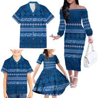 Fiji Marau na Kerisimasi Family Matching Off The Shoulder Long Sleeve Dress and Hawaiian Shirt Blue Tapa Masi Inspired Christmas - Polynesian Pride